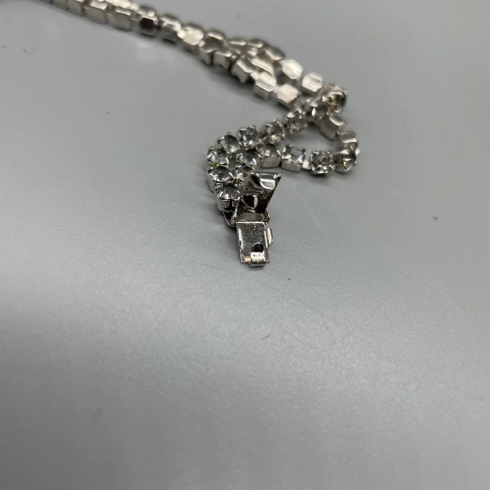 Vintage Double Strand Rhinestone Tennis Bracelet Marquise Center Silver Tone 7in
